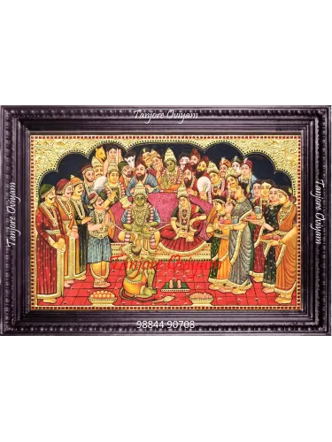  Handcrafted Ramar Pattabishegam Tanjore Painting featuring Lord Rama’s royal darbar coronation scene with Sita, Lakshmana, Bharata, Hanuman, and courtiers in vibrant Thanjavur style